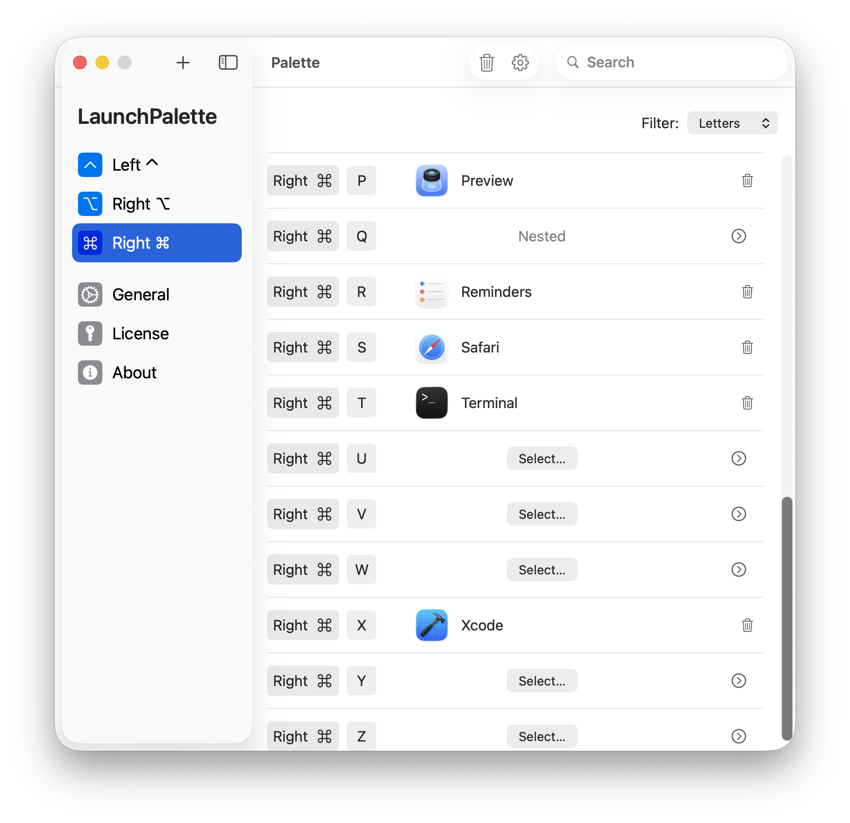 LaunchPalette showing nested keyboard shortcuts on macOS